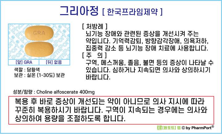 ★[팜포트]-그리아정 (콜린알포세레이트, Choline alfoscerate) [한국프라임제약] ( 약품정보 / 복약안내문 / 생활요법 ) - 뇌기능 개선제 : 네이버 블로그