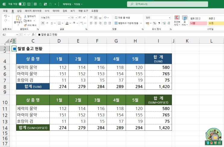 [엑셀 함수] 새로운 행, 열을 추가 삽입해도 합계(SUM) 수식이 자동으로 업데이트 적용되는 방법(OFFSET,COLUMNS ...