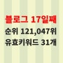 블로그 만들기 17일째, 상위1%, 순위 121,047위 실시간유효키워드 31개