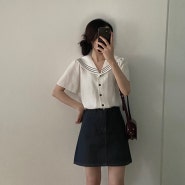 [ootd] 부기스 세라 빅카라 블라우스, 생지 데님 미니 스커트, 아페쎄 하프문백, 폴로 핀턱 팬츠, 에그 니트 가디건, 퍼프 셔링 반팔 자켓, 도리스 플로우백