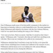 [NBA] 자이언 윌리엄스 " 뉴올리언스에 남고싶다"