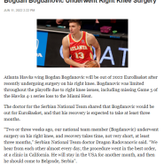 [NBA]애틀란타"보그단 보그다노비치가 오른쪽 무릎 수술을 받는다.