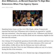 [NBA]자이언 윌리엄스 , 자 모란트, FA가 여리면 최대 연장계약에 서명할것으로 예상된다 by 우즈나로우스키