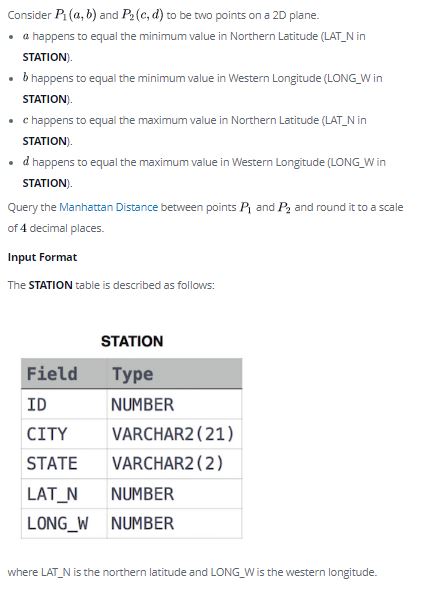 [SQL][HackerRank] Weather Observation Station 18 :: 맨하탄거리, round 반올림 ...