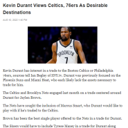 [NBA]케빈 듀란트가 원하는 행선지는 보스턴 혹은 필라델피아? 브루클린 트레이드 관련 뉴스
