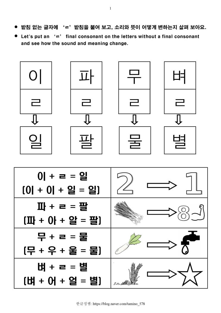 [한글기초(상)] 6,7세용 -'ㄹ' 받침 : 네이버 블로그