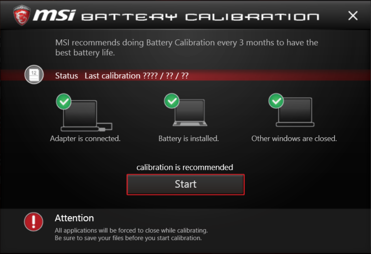 MSI Battery Calibration(배터리 보정) 소프트웨어, 배터리 초기화 MSI 노트북 배터리 LED가 깜빡일 때