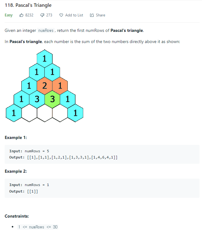 JAVA_Pascal's Triangle_LeetCode 118 : 네이버 블로그