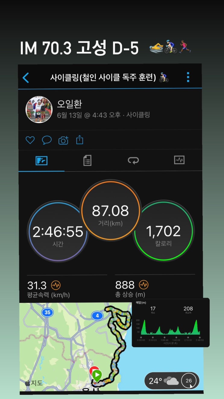 2023년 6.13.(화) IM 70.3 고성 D-5, 철인 사이클 독주 훈련, 트랙 달리기(인터벌) : 네이버 블로그