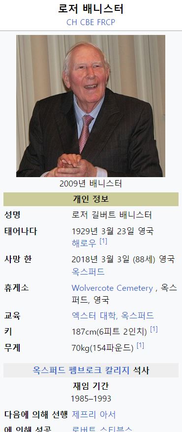 영국의 신경학자, 4분 미만의 중거리 운동 선수-로저 길버트 배니스터 경( Sir Roger Gilbert Bannister ...