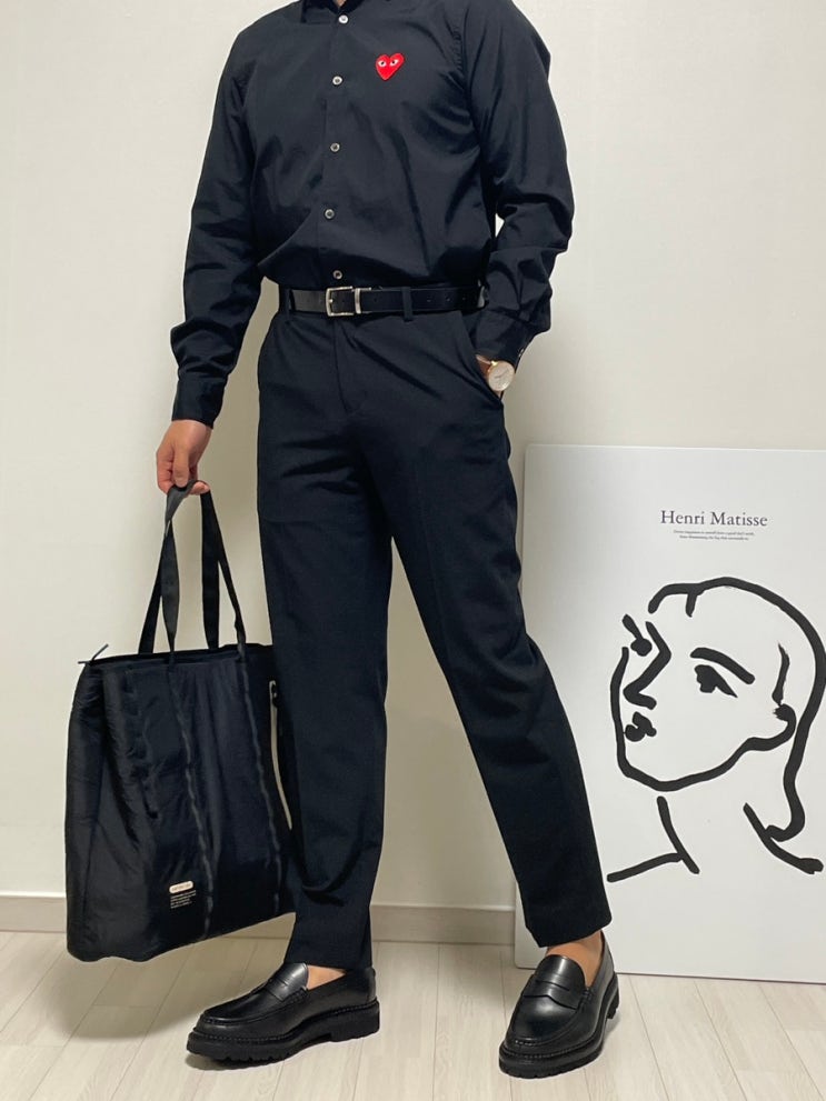 남자 검정셔츠 꼼데가르송 셔츠 코디 지오다노 슬랙스 여름 바지 가을 출근룩 : 네이버 블로그