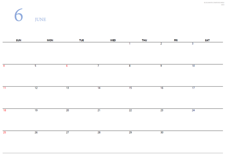 2023년 6월 전체 크기 인쇄 가능한 달력