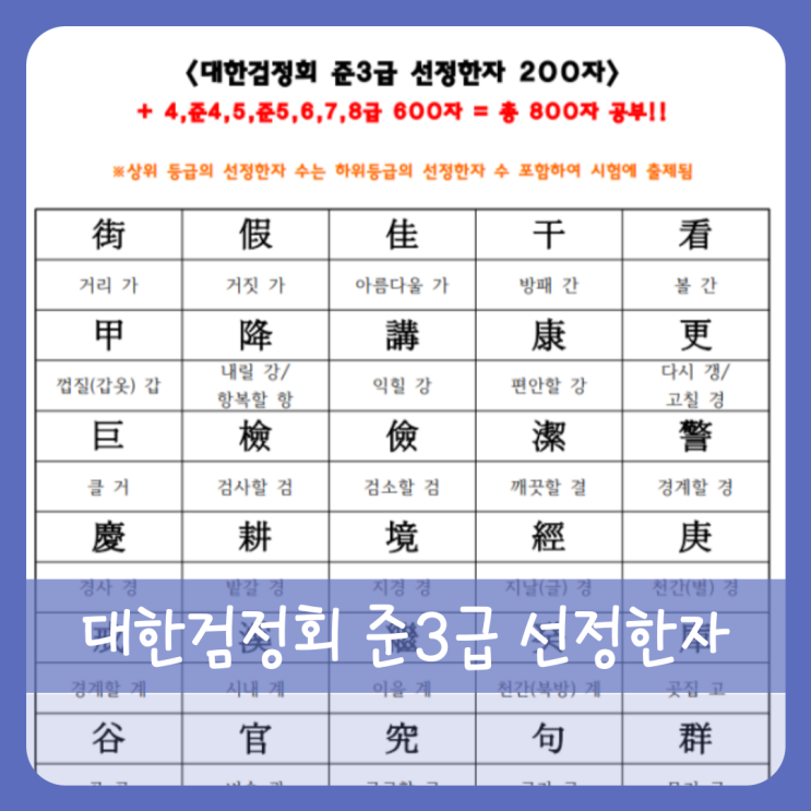【한자】대한검정회 한자급수자격시험 준3급 한자표 다운 : 네이버 블로그