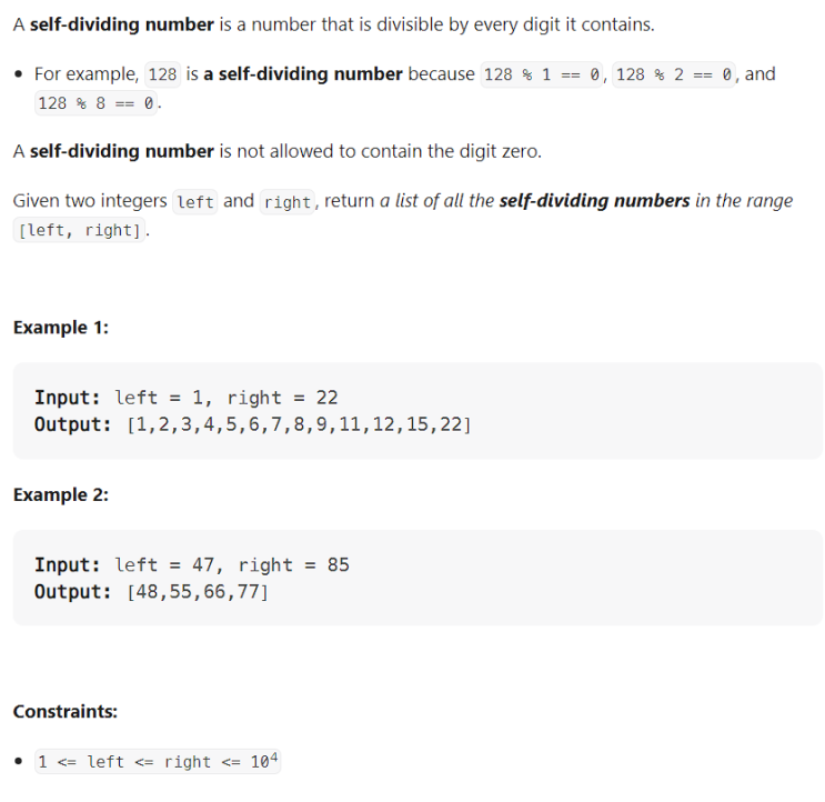 JAVA_Self Dividing Numbers_LeetCode 728 : 네이버 블로그