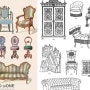 클래식한 유럽가구 그림 스케치 도안 미술자료 컬러링자료 Furniture Sketch