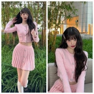 장원영 인스타그램 패션; 핑크 가디건 스커트 셋업 정보