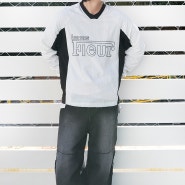 남자 Y2K 감성 브이넥 나일론 와샤 배색 오버핏 맨투맨 봄 여름 티셔츠