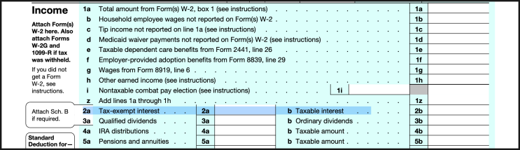 IRS Form 1040 Individual Income Tax Return: (2a Tax-exempt interest, b ...