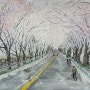 3월 _ 섬진강 벚꽃길 자전거 타는 모습 수채화