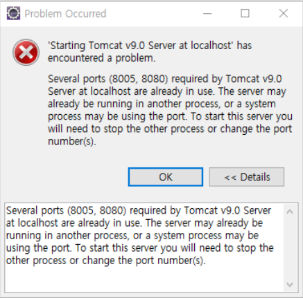 [톰캣 실행 에러] Several ports (8005, 8080) required by Tomcat v9.0 Server at ...