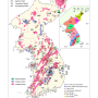 한반도 고생대말~중생대 관입암 분포도 (Kawaguchi et al., 2021; Zhai et al., 2016)