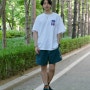 챔피온 US 라인 여름 반팔 티셔츠 카고 숏팬츠로 여름 남자 코디 완성
