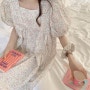 (머리끈 포함) 페이 잔꽃 퍼프소매 반팔 여름 원피스 잠옷 꽃무늬 소녀풍 파자마 공주 홈웨어