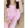 (머리끈 세트) 핑크 고방 체크 나시 투피스 잠옷 지지미면 여성 여름 파자마 세트 민소매 귀여운 소녀풍 홈웨어