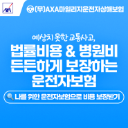 예상치 못한 교통사고, 각종 법률비용과 병원비가 걱정될 때? 운전자보험 하나로 보장 받아보세요! (형사합의금, 변호사 선임비용, 스쿨존 사고벌금, 입원비, 부상 보험금)