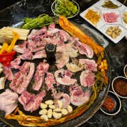 창원 북면 고기집 정담 가족외식 가마솥뚜껑에 구워먹는 돼지고기