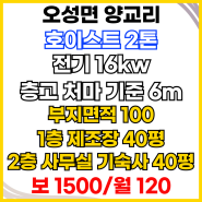 2차선 접한 2톤 호이스트 설치된 1층 40평 제조장 2층 40평 사무실 및 기숙사 임대-오성면 양교리