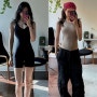 미국 핫걸 최근 손나은 알로 요가(alo yoga) 바디수트 여름 등산룩 카모 뉴에라 모자 패션