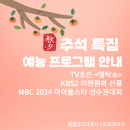 추석 특집 예능 프로그램 안내해 드려요 - TV조선 <영탁쇼>｜KBS2 이찬원의 선물｜MBC 2024 아이돌스타 선수권대회(간접광고 PPL 문의)