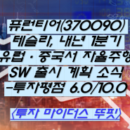 퓨런티어(370090) 테슬라, 내년 1분기 유럽·중국서 자율주행 SW 출시 계획 소식 -투자평점 6.0/10.0