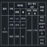 내일 18일 야구 시간 변경