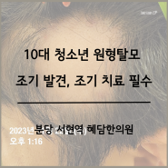 노소를 가리지 않는 원형탈모, 10대 청소년 원형탈모는 발견 즉시 치료해야 ; 분당한의원 서현역탈모 판교스트레스성탈모 수내동탈모재발 정자역