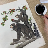 독특한 동물민화, 매력적인 민화 원숭이와 사과나무 그림 그리기