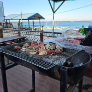 국화도여행기 5번째 국화도펜션 하와이에서 고기랑 새우랑 조개 숯불에 구워먹기