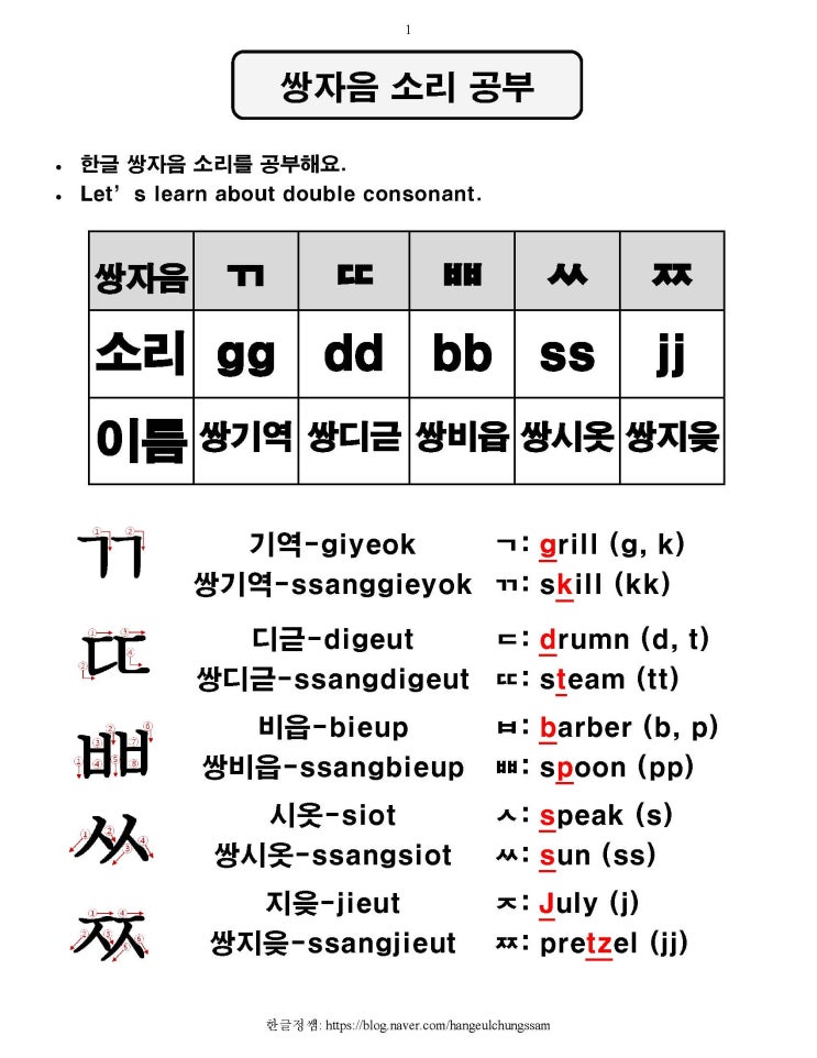 [한글학교 한국어 1 부교재] 6. 쌍자음 ㄲ ㄸ ㅃ ㅆ ㅉ 소리 복습 및 단어 공부 : 네이버 블로그