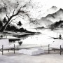 [크레용벽지] 풍경 수묵화 동양화 산수화 호수 인테리어 뮤럴 포인트 디자인 벽지 & 롤스크린