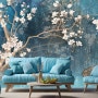 [크레용벽지] 블루 빈티지 벚꽃나무 새 동양화 인테리어 뮤럴 포인트 디자인 벽지 & 롤스크린