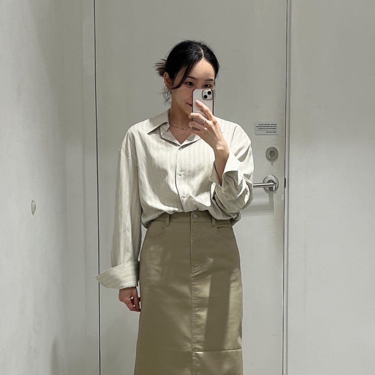 강민경 쇼핑몰 아비에무아 셔츠 하객룩 코디해봤어요 폴디드 카라 스트라이프 셔츠코디