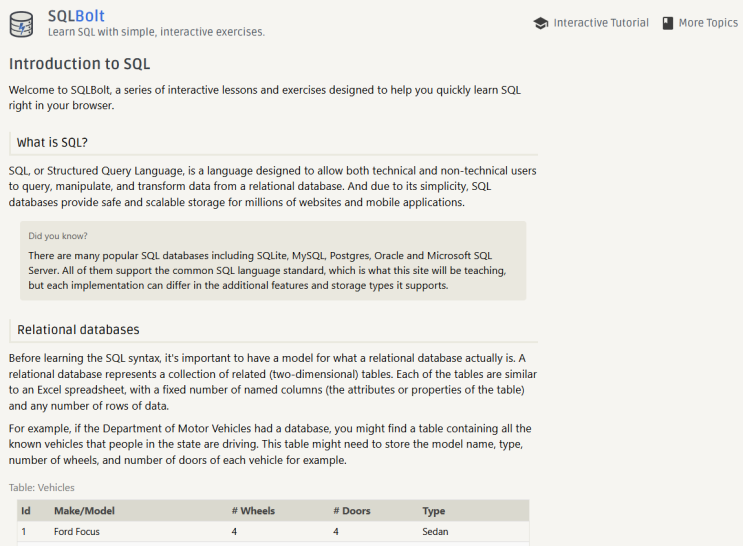 [SQL 스터디] 초보자도 바로 실습 가능한 SQL 학습 플랫폼 SQLBolt 소개, Lesson1 SELECT queries ...