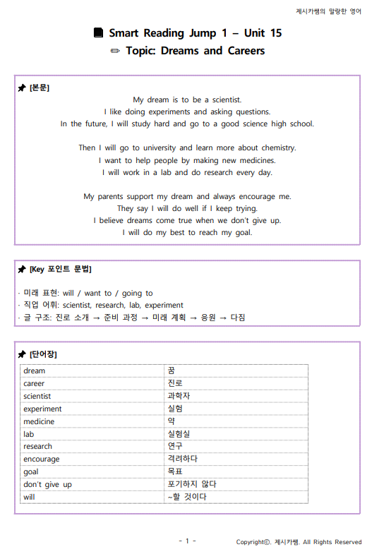 📘 [중1 영어 독해] Smart Reading Jump 1 – 꿈과 진로 (무료 학습지/PDF 포함) : 네이버 블로그