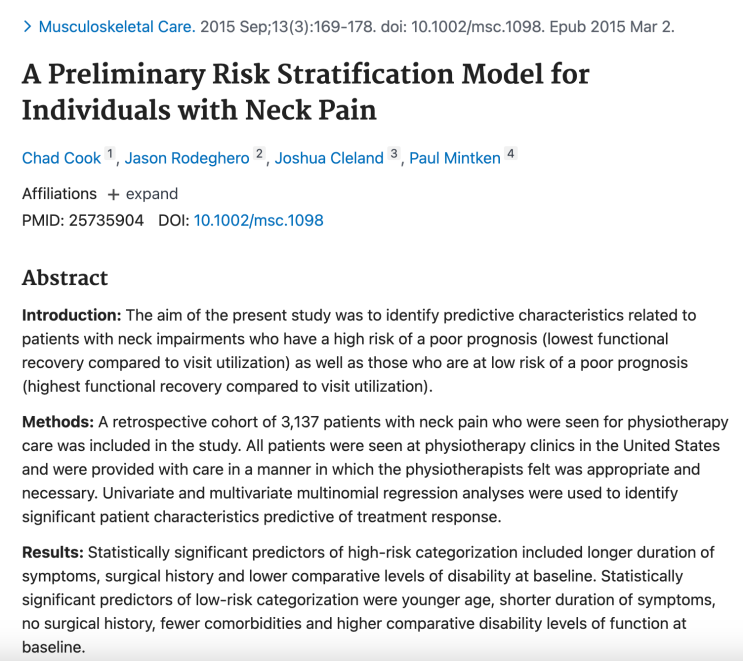 [교육] 경추 통증 환자의 위험 계층화 모델(Risk Stratification Model for Neck Pain): 최신 ...