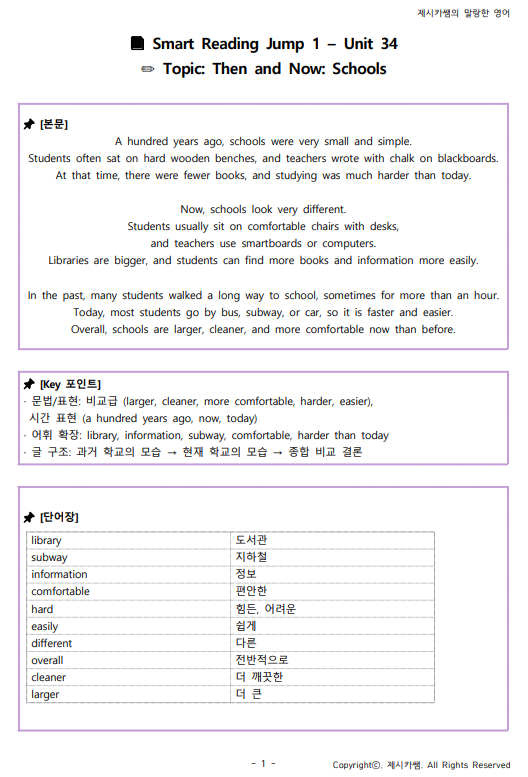 📘 [중1 영어 독해] Smart Reading Jump 1 – 옛날과 지금의 학교 (무료 학습지/PDF 포함) : 네이버 블로그