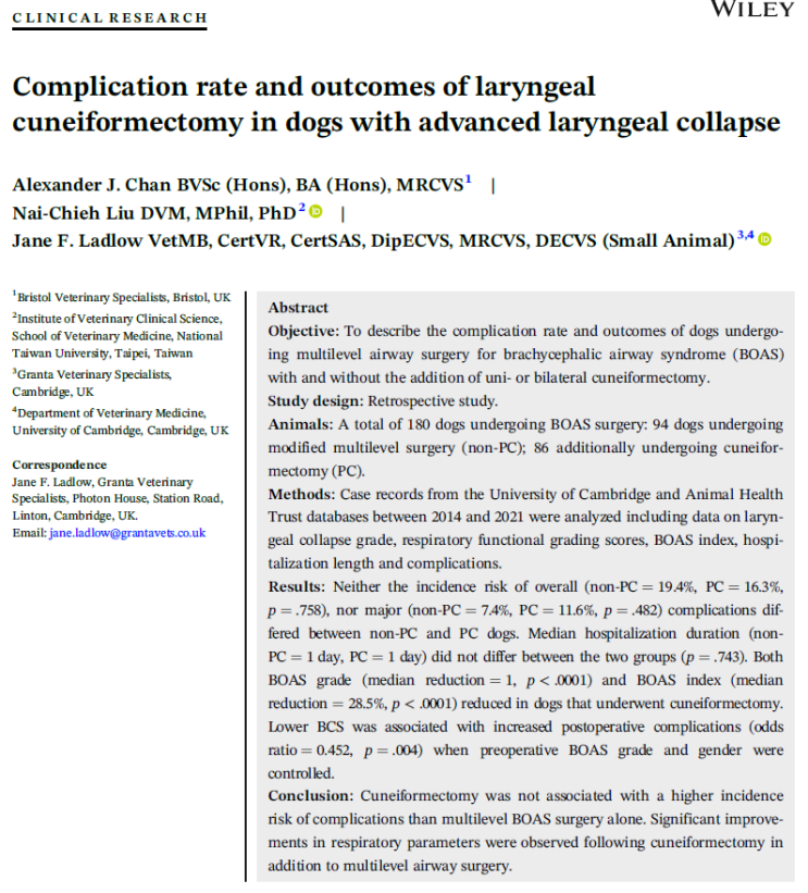개에서 laryngeal cuneiformectomy를 시행했을 때, 합병증과 수술 후 결과(outcomes)에 대한 고찰 ...