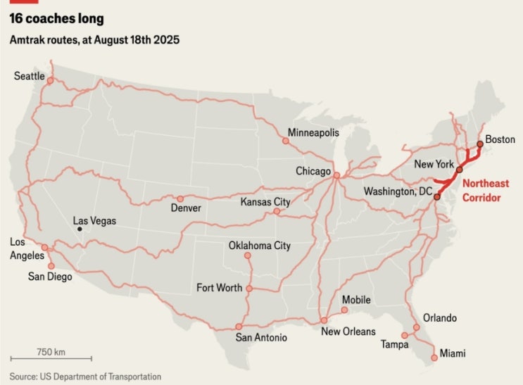 Amtrak Rail Routes (August 2025) via r/Amtrak 미국철도지도 : 네이버 블로그