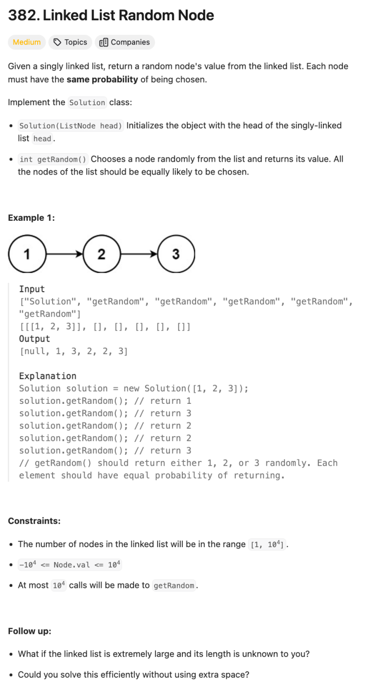 [Hard][rand/Reservoir sampling] Linked List Random Node : 네이버 블로그