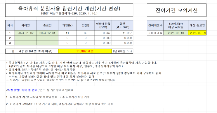 [육아휴직 계산기] 육아휴직 사용기간 및 잔여기간 계산기 : 네이버 블로그
